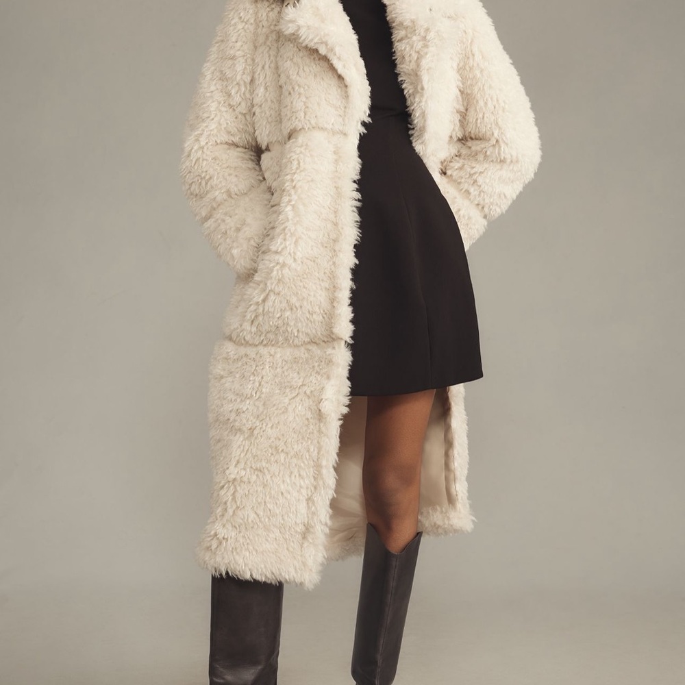 NWT Anthropologie Badgley Mischka Yara Luxe Cream Faux Fur Coat